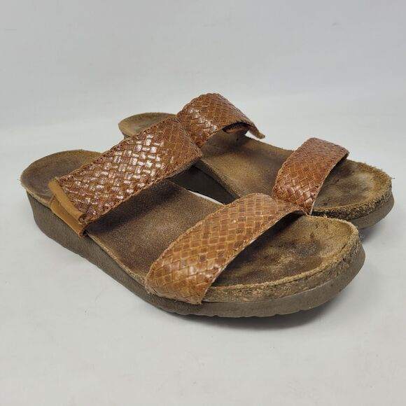 Naot Sandals EU38 US7.5 Blake Brown Leather Braided Wedges Adjustable Slides - Picture 1 of 9